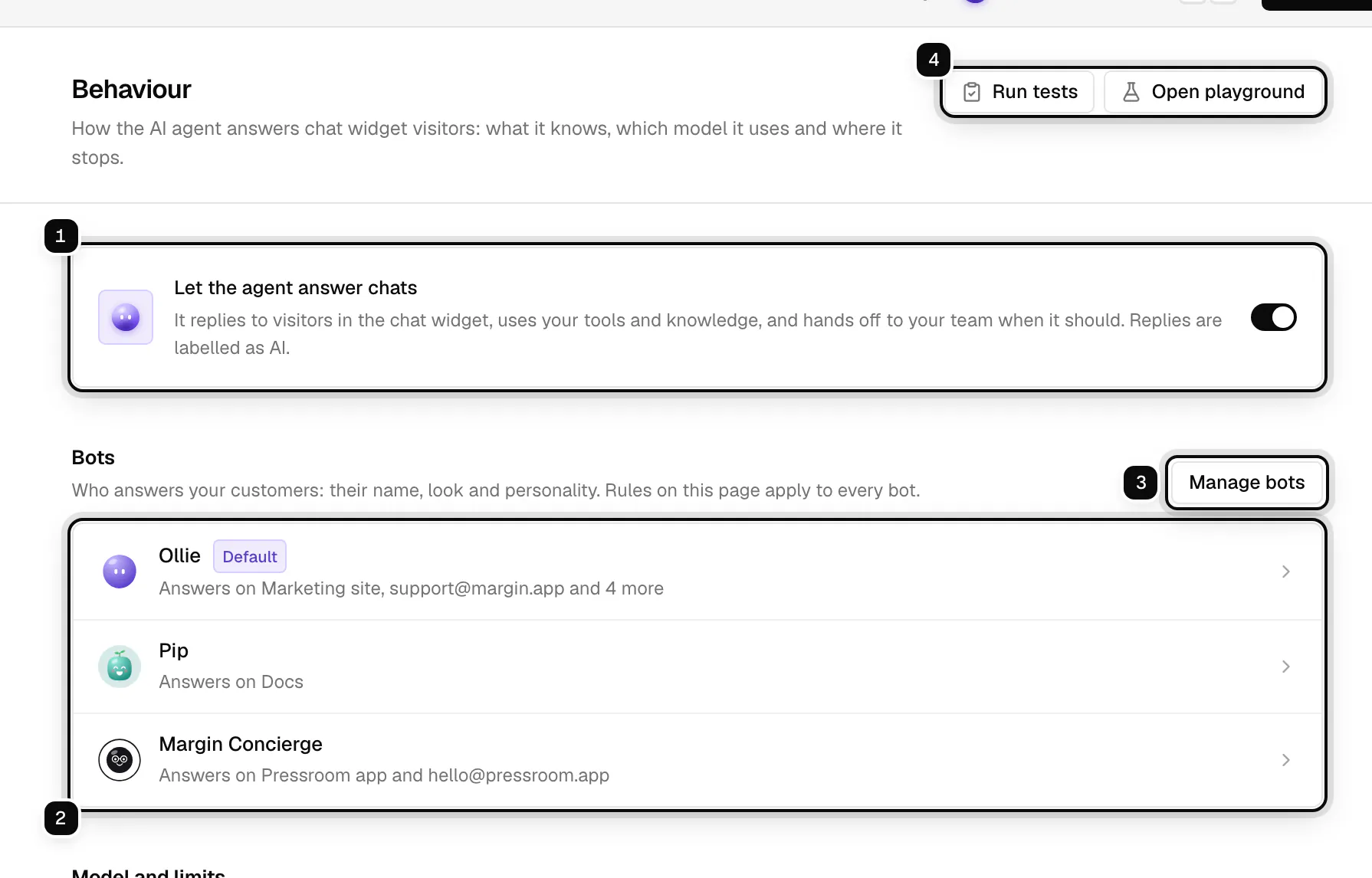 The Behaviour page: Let the agent answer chats ringed as 1, the list of bots and where each answers as 2, Manage bots as 3, and Run tests and Open playground as 4