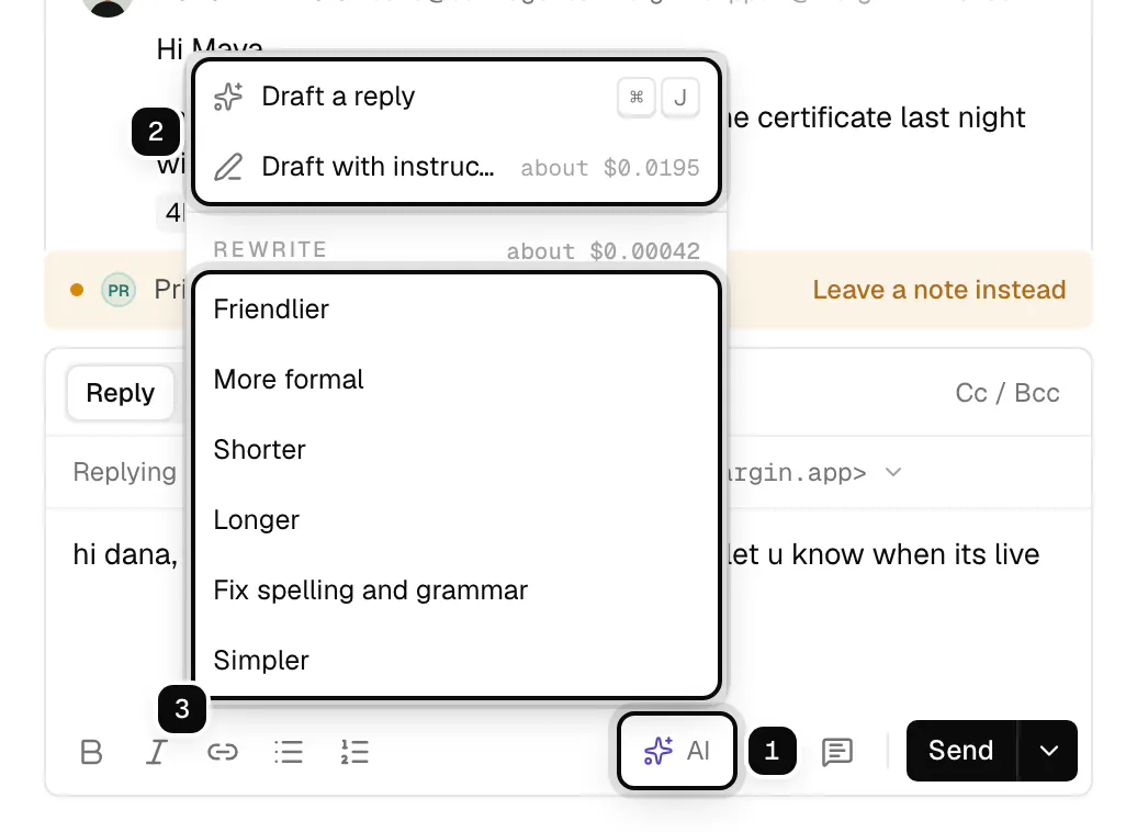 The reply box with the AI button ringed as 1, and its menu open: Draft a reply and Draft with instructions ringed as 2, the rewrite options from Friendlier to Simpler ringed as 3