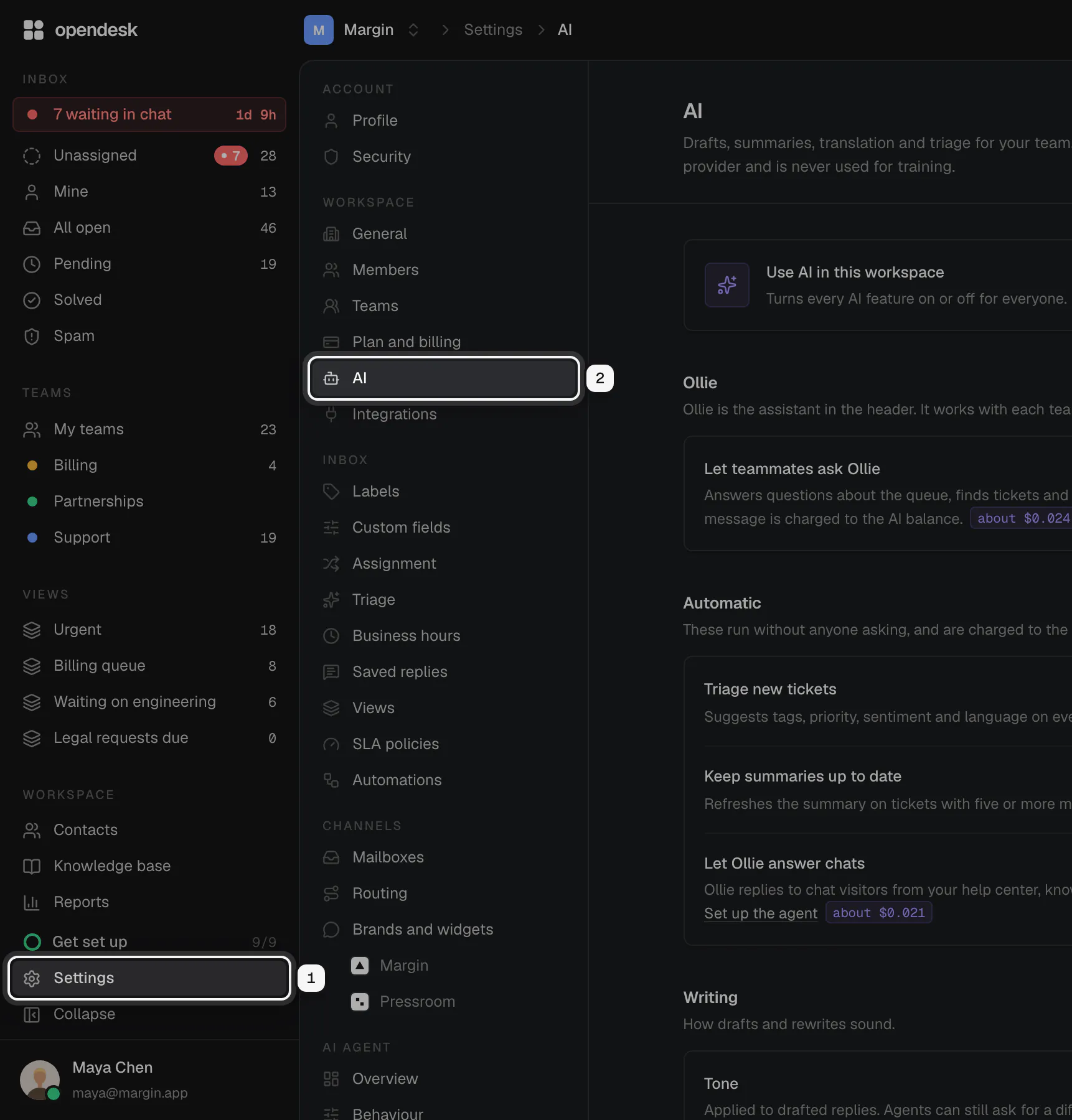 The sidebar with Settings ringed as 1 and the AI page in the settings menu ringed as 2
