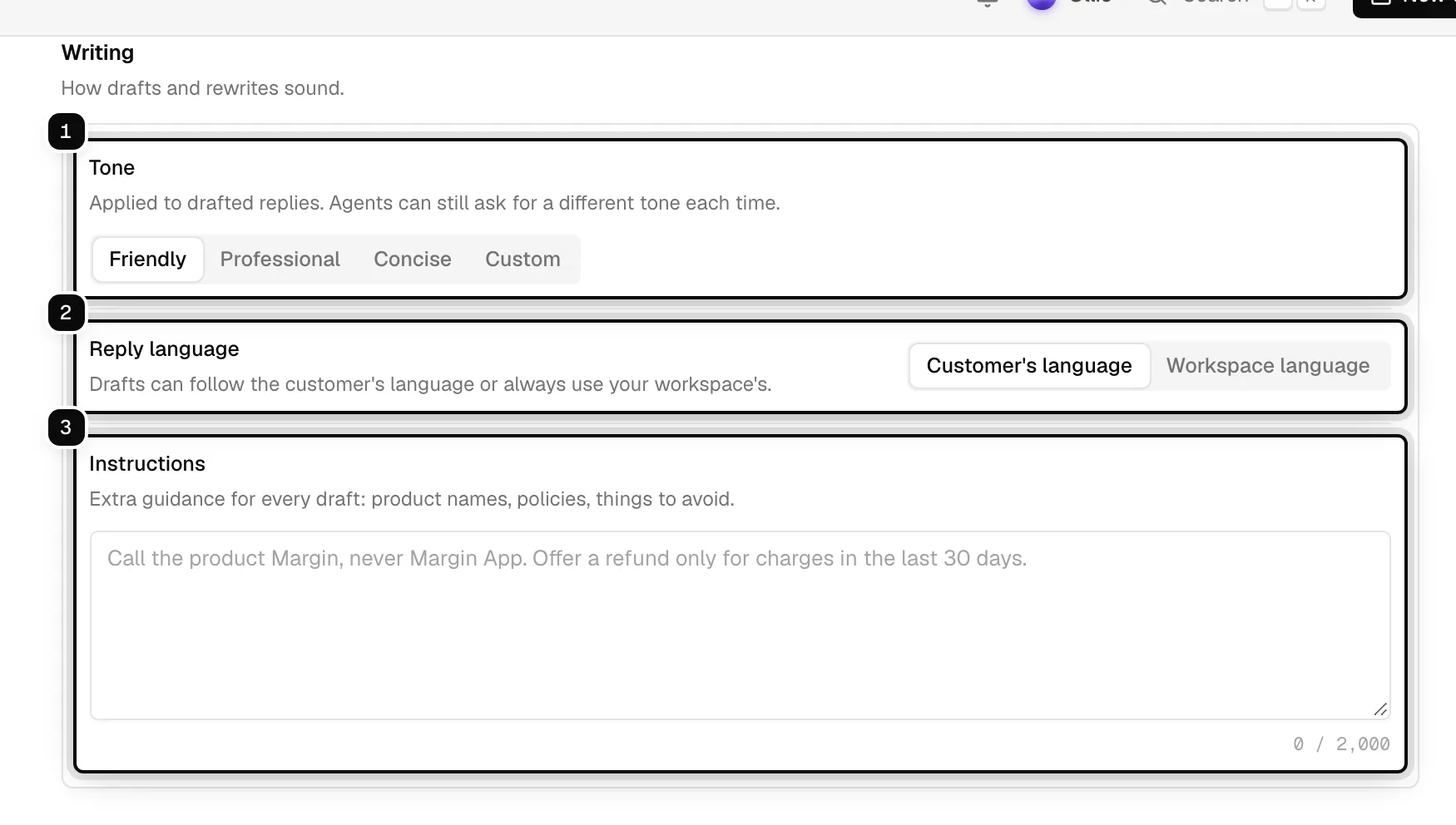 The Writing section: Tone ringed as 1, Reply language as 2 and Instructions as 3