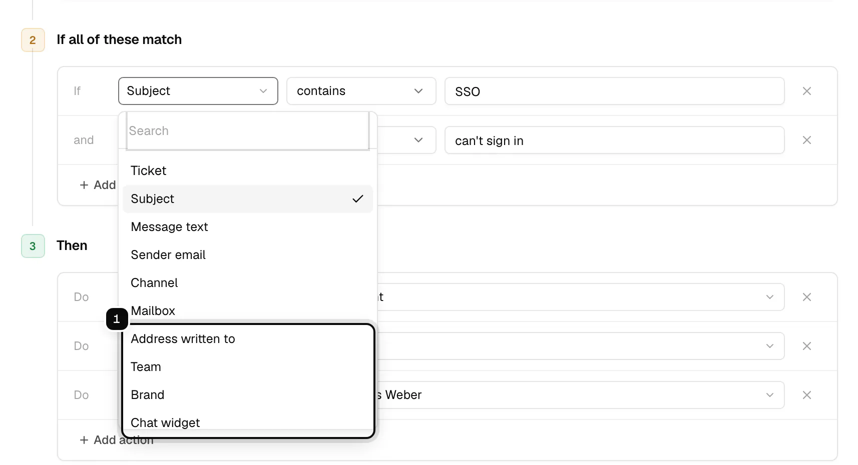 The condition field picker open, with Address written to, Team, Brand and Chat widget ringed as 1, below Subject, Message text, Sender email, Channel and Mailbox