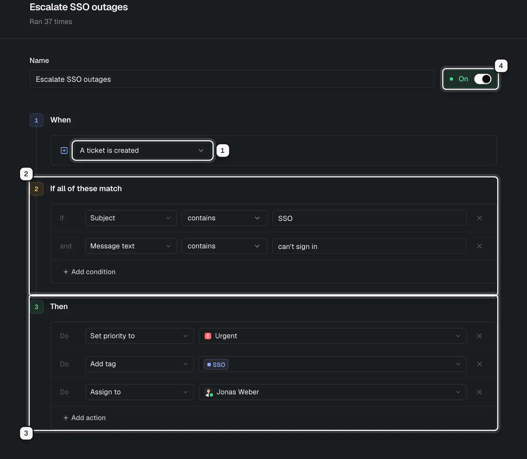 The automation editor for Escalate SSO outages: the When trigger picker ringed as 1, the If all of these match conditions ringed as 2, the Then actions ringed as 3, and the On switch ringed as 4