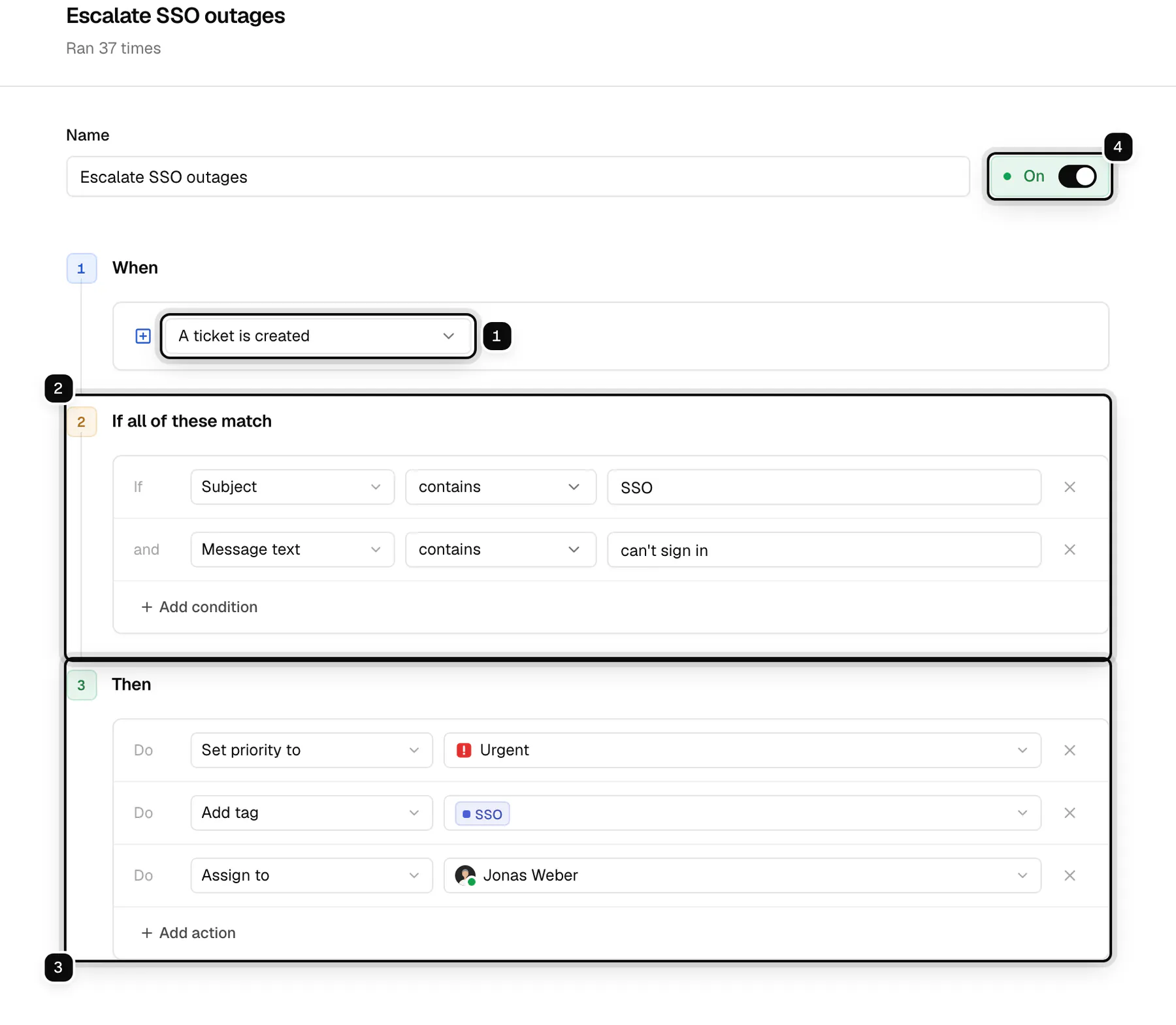 The automation editor for Escalate SSO outages: the When trigger picker ringed as 1, the If all of these match conditions ringed as 2, the Then actions ringed as 3, and the On switch ringed as 4
