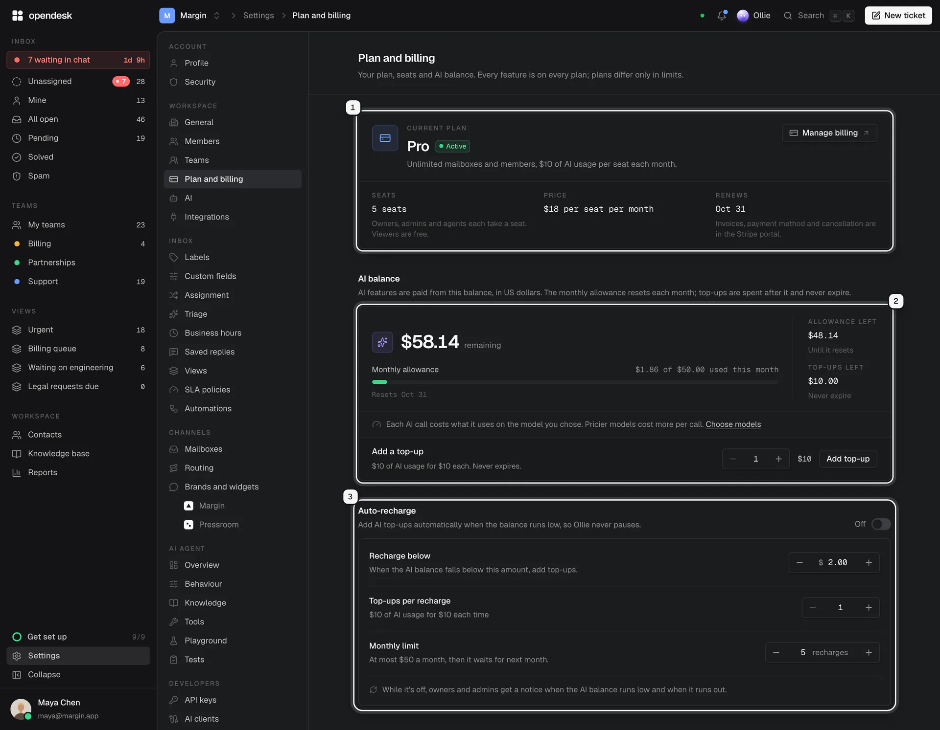 Settings, Plan and billing: the current plan ringed as 1, the AI balance as 2, and Auto-recharge as 3
