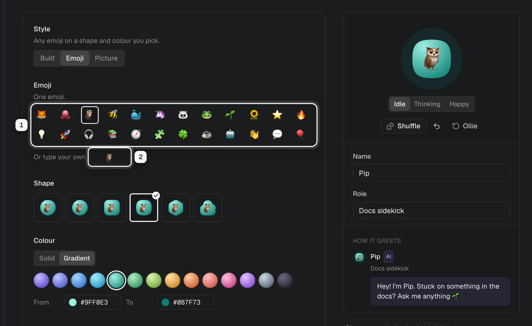 The Emoji style: the emoji choices ringed as 1 and Or type your own ringed as 2, with an owl on a teal squircle in the preview