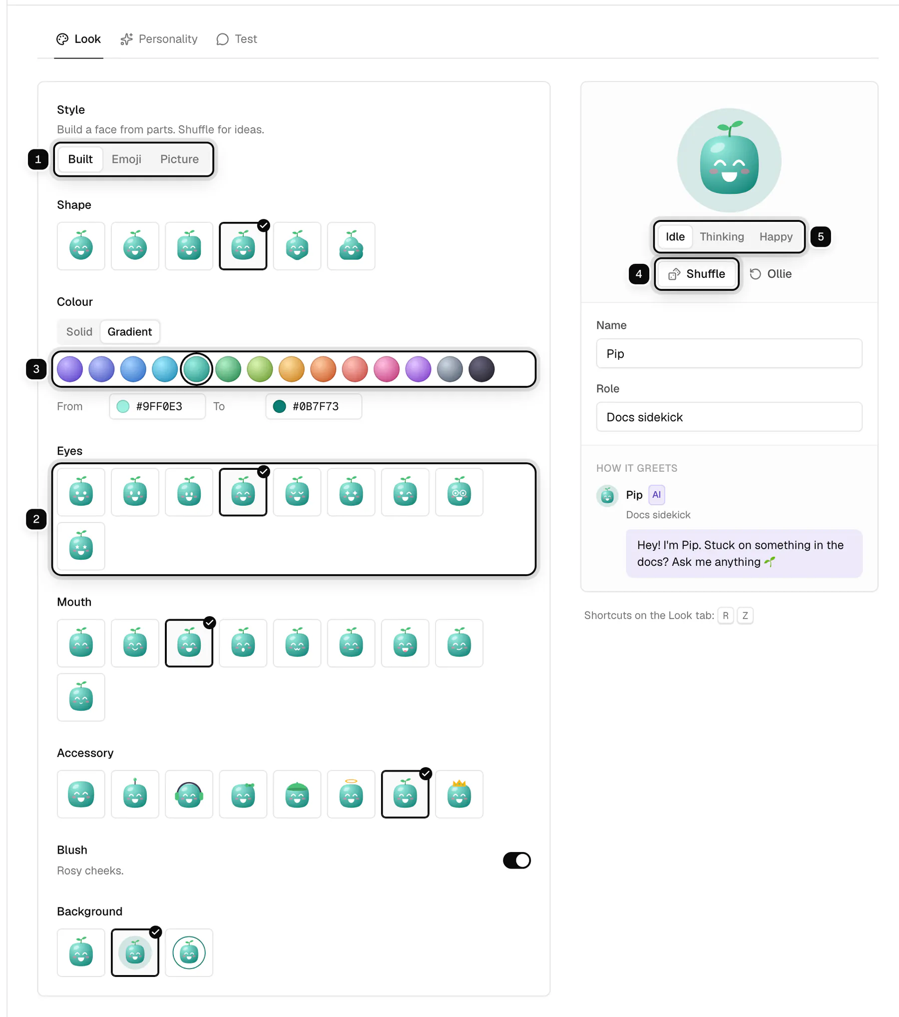The Look tab of Pip: the Built, Emoji and Picture styles ringed as 1, the eye choices ringed as 2, the colours ringed as 3, Shuffle ringed as 4 and the Idle, Thinking and Happy previews ringed as 5