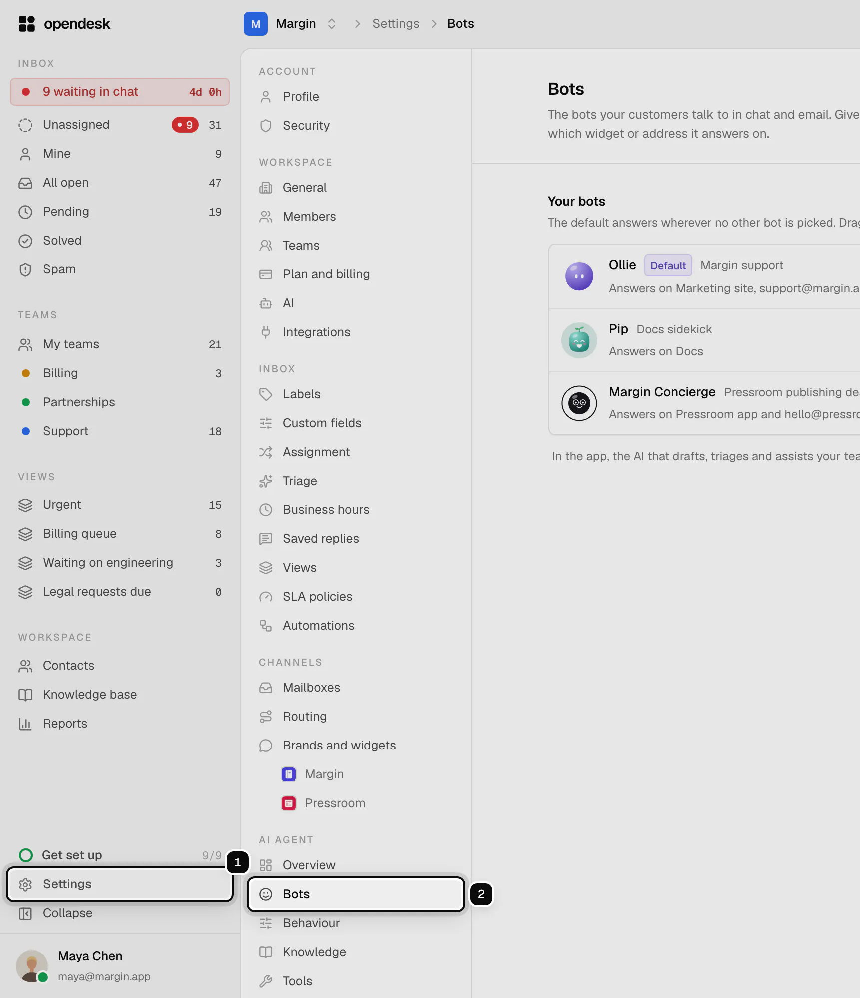 The app with Settings in the sidebar ringed as 1 and Bots in the settings menu ringed as 2