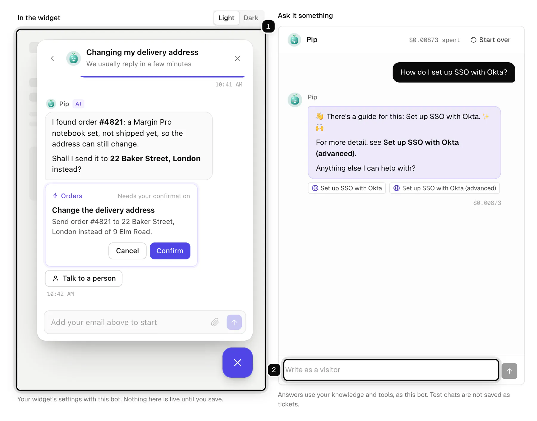 The Test tab of Pip: the widget preview with Pip in its header ringed as 1, and the test chat's message box ringed as 2, with Pip's playful answer above it
