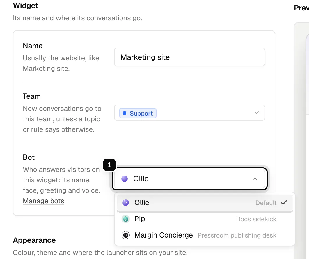 The Marketing site widget with its Bot picker ringed as 1 and open, listing Ollie as default, Pip and Margin Concierge