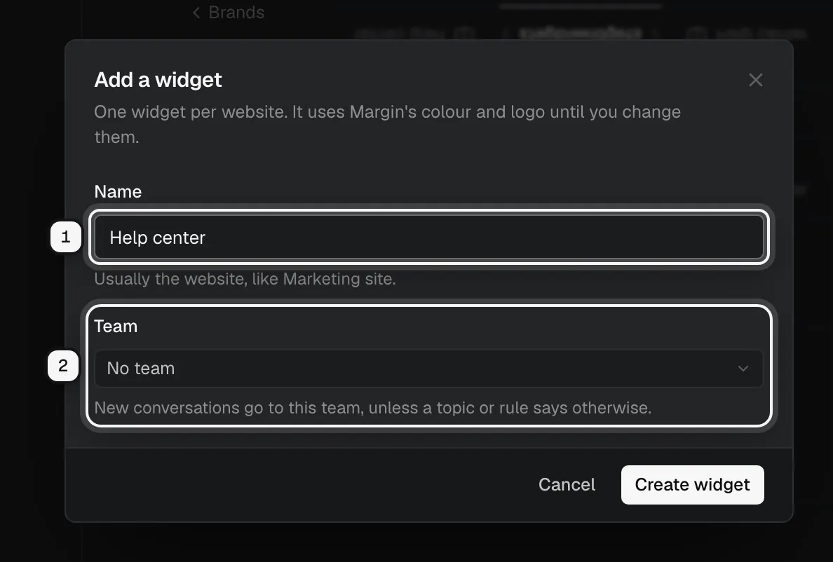 The Add a widget dialog: the Name field ringed as 1, and the Team picker ringed as 2