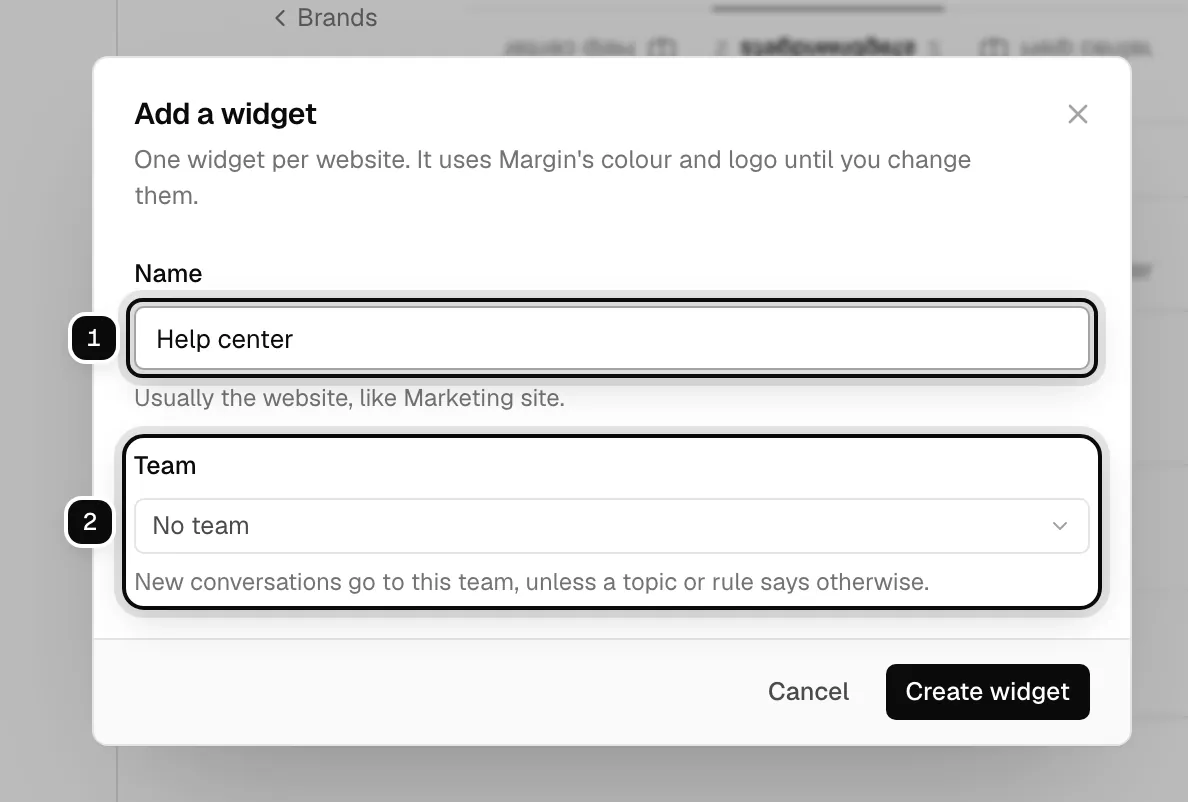 The Add a widget dialog: the Name field ringed as 1, and the Team picker ringed as 2