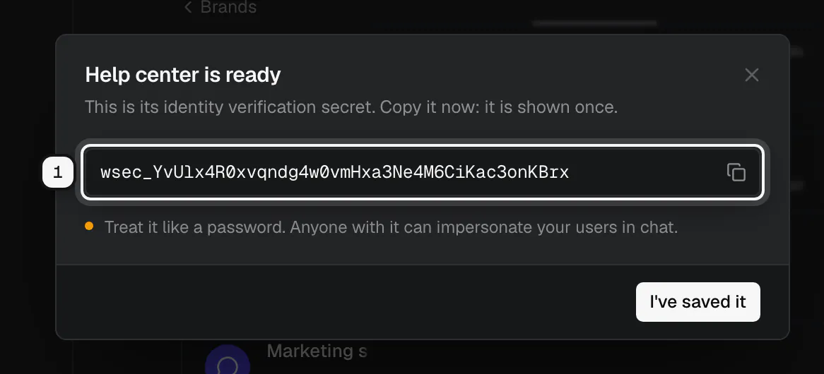 The dialog shown after creating a widget, with its secret ringed and the note that it is shown once