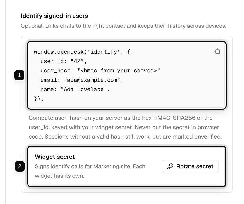 The Identify signed-in users section: the identify snippet ringed as 1, and the Widget secret with Rotate secret ringed as 2