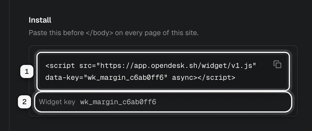 The Install section: the script snippet ringed as 1, and the widget key wk_margin_c6ab0ff6 ringed as 2