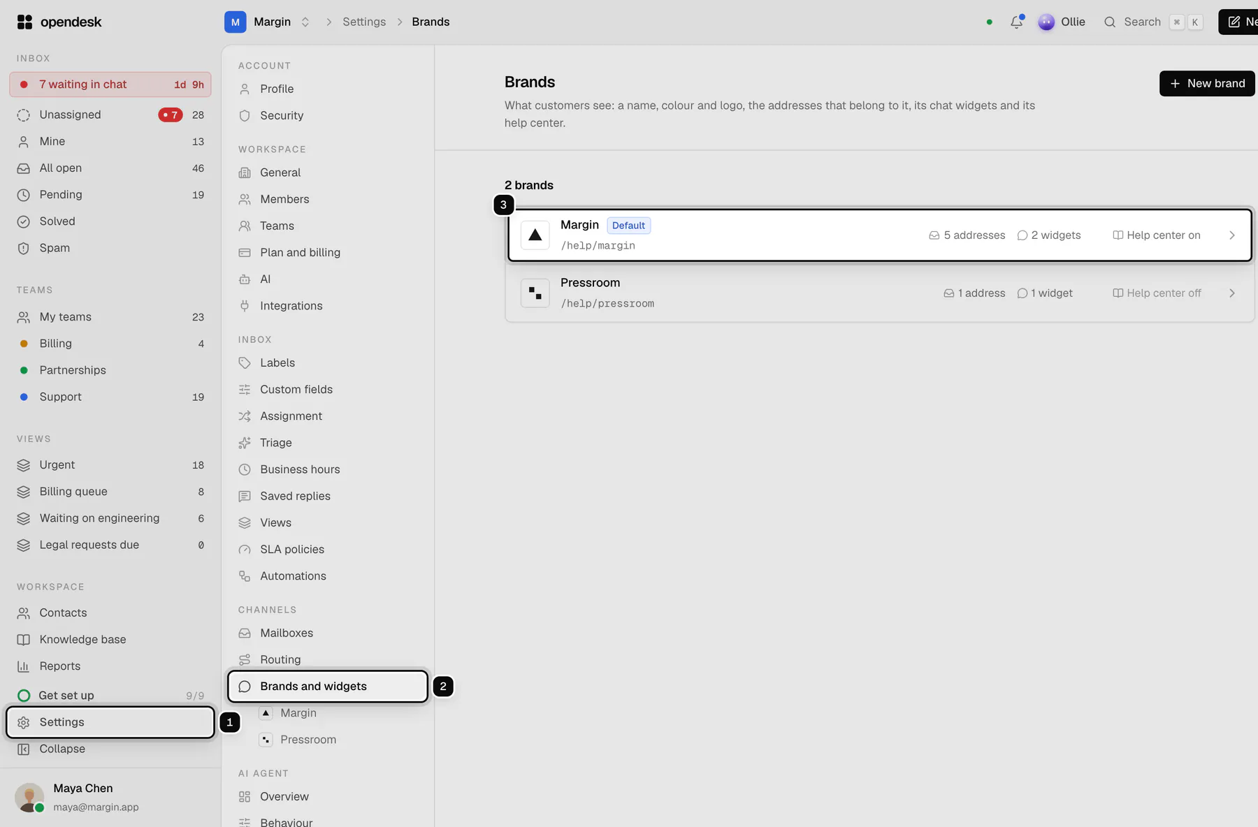 The app with Settings in the sidebar ringed as 1, Brands and widgets in the settings menu ringed as 2, and the Margin brand ringed as 3