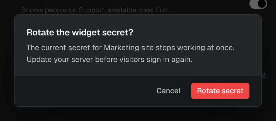 The Rotate the widget secret dialog: the current secret for Marketing site stops working at once, with Cancel and Rotate secret