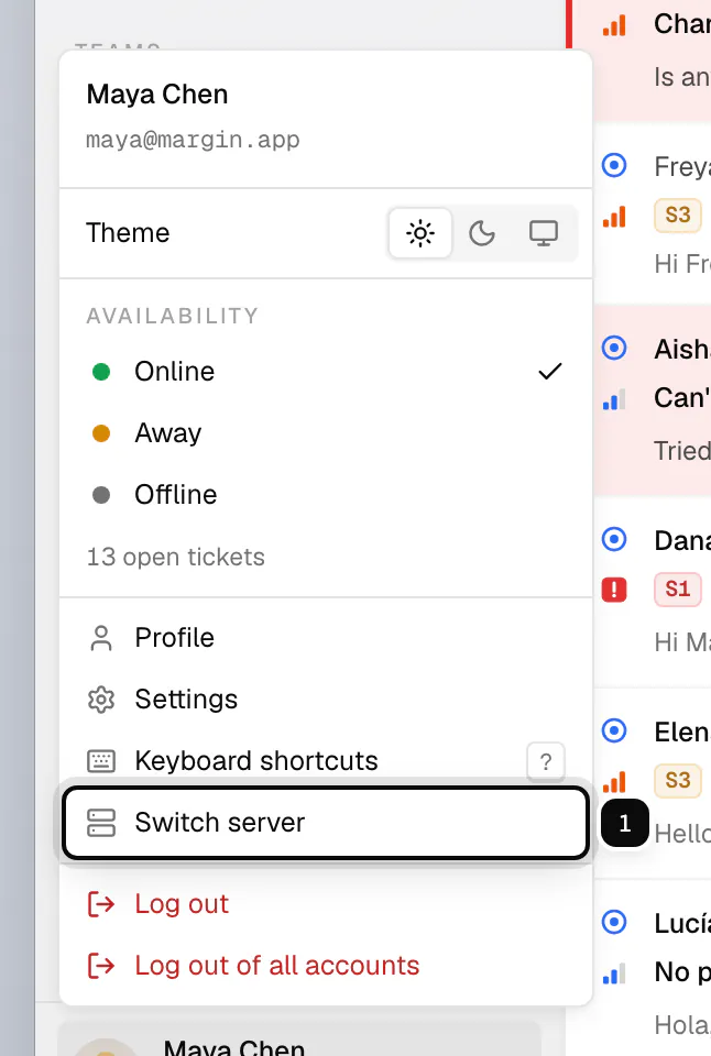 The account menu in the desktop app with Switch server ringed as 1, between Keyboard shortcuts and Log out