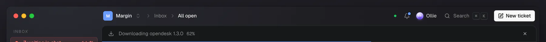 The top of the desktop window with the strip Downloading opendesk 1.3.0, 62 percent