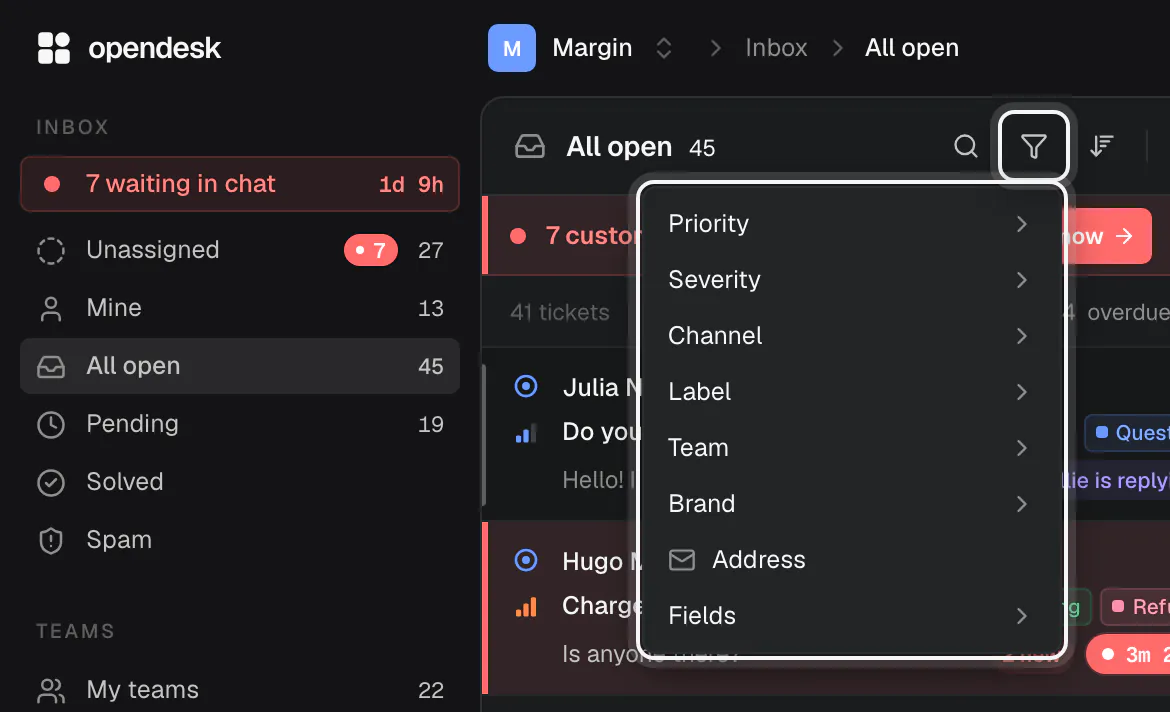 The filter button ringed at the top of the ticket list, with its menu open: Priority, Severity, Channel, Label, Team, Brand, Address and Fields