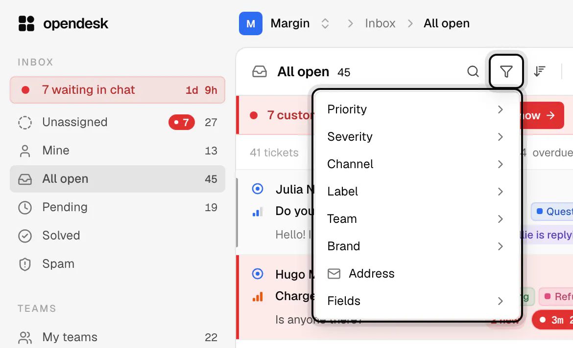 The filter button ringed at the top of the ticket list, with its menu open: Priority, Severity, Channel, Label, Team, Brand, Address and Fields