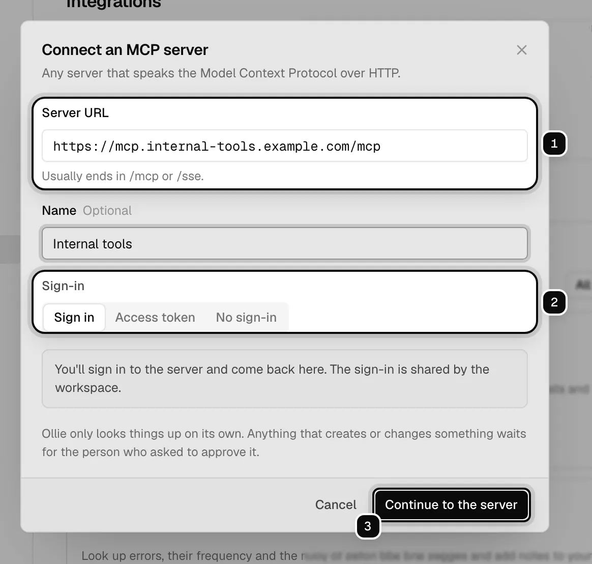 The Connect an MCP server dialog: the Server URL ringed as 1, the Sign in, Access token and No sign-in choices ringed as 2, and Continue to the server ringed as 3