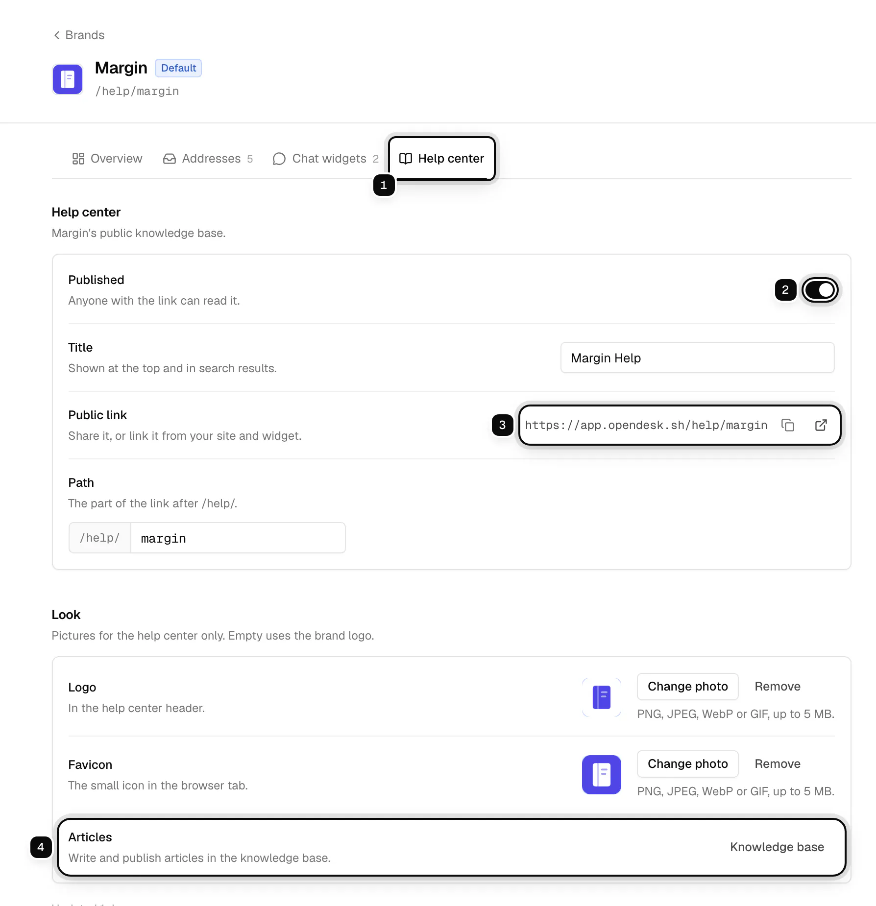 A brand's Help center tab ringed as 1, with Published ringed as 2, the public link https://app.opendesk.sh/help/margin ringed as 3, and the link to the knowledge base articles ringed as 4