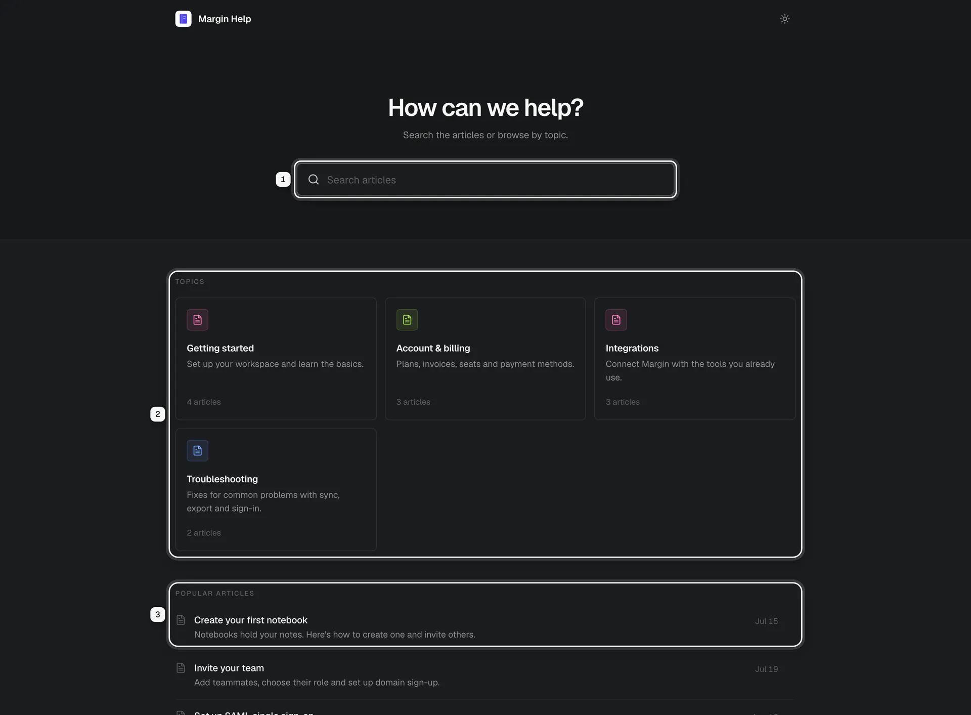 The public help center for Margin: the search box ringed as 1, the topics as 2, and the popular articles as 3