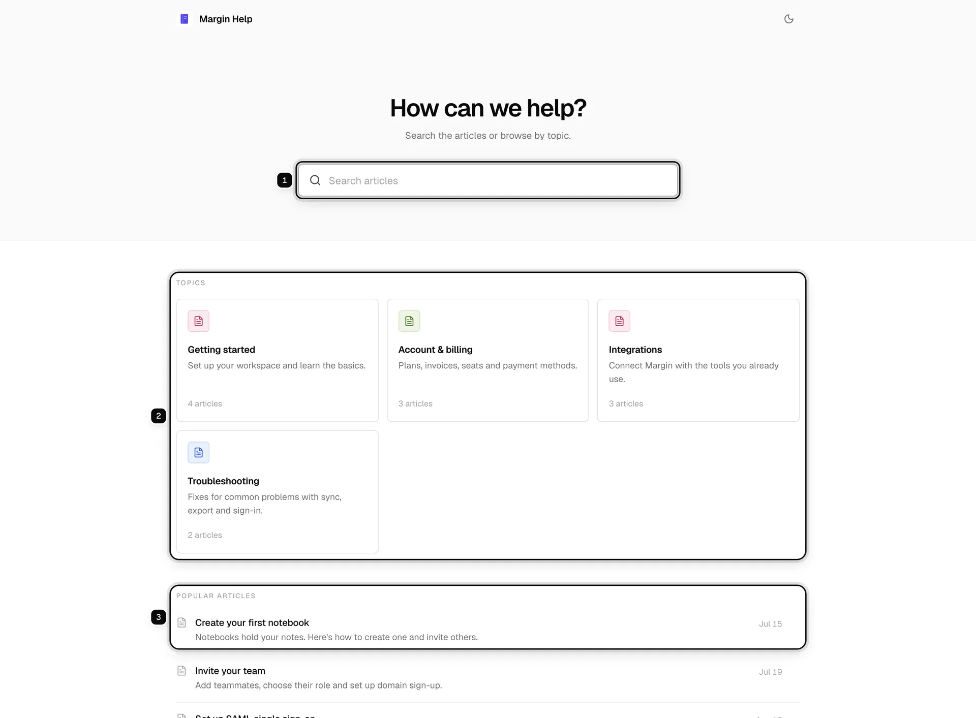 The public help center for Margin: the search box ringed as 1, the topics as 2, and the popular articles as 3