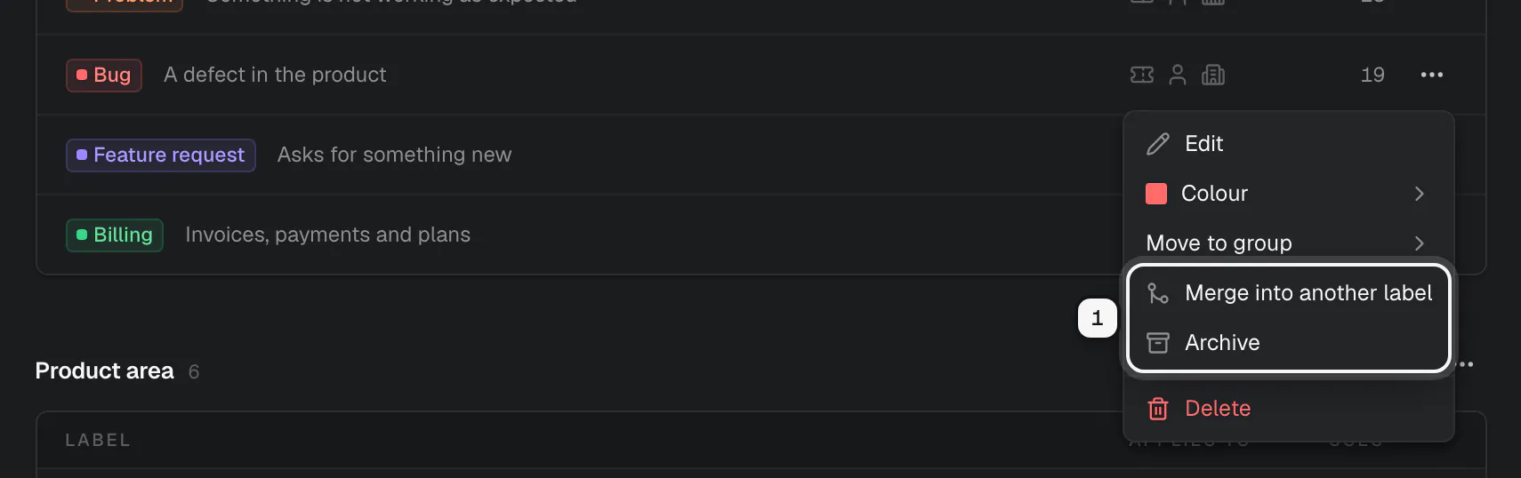 The actions menu of the Bug label, with Merge into another label and Archive ringed as 1