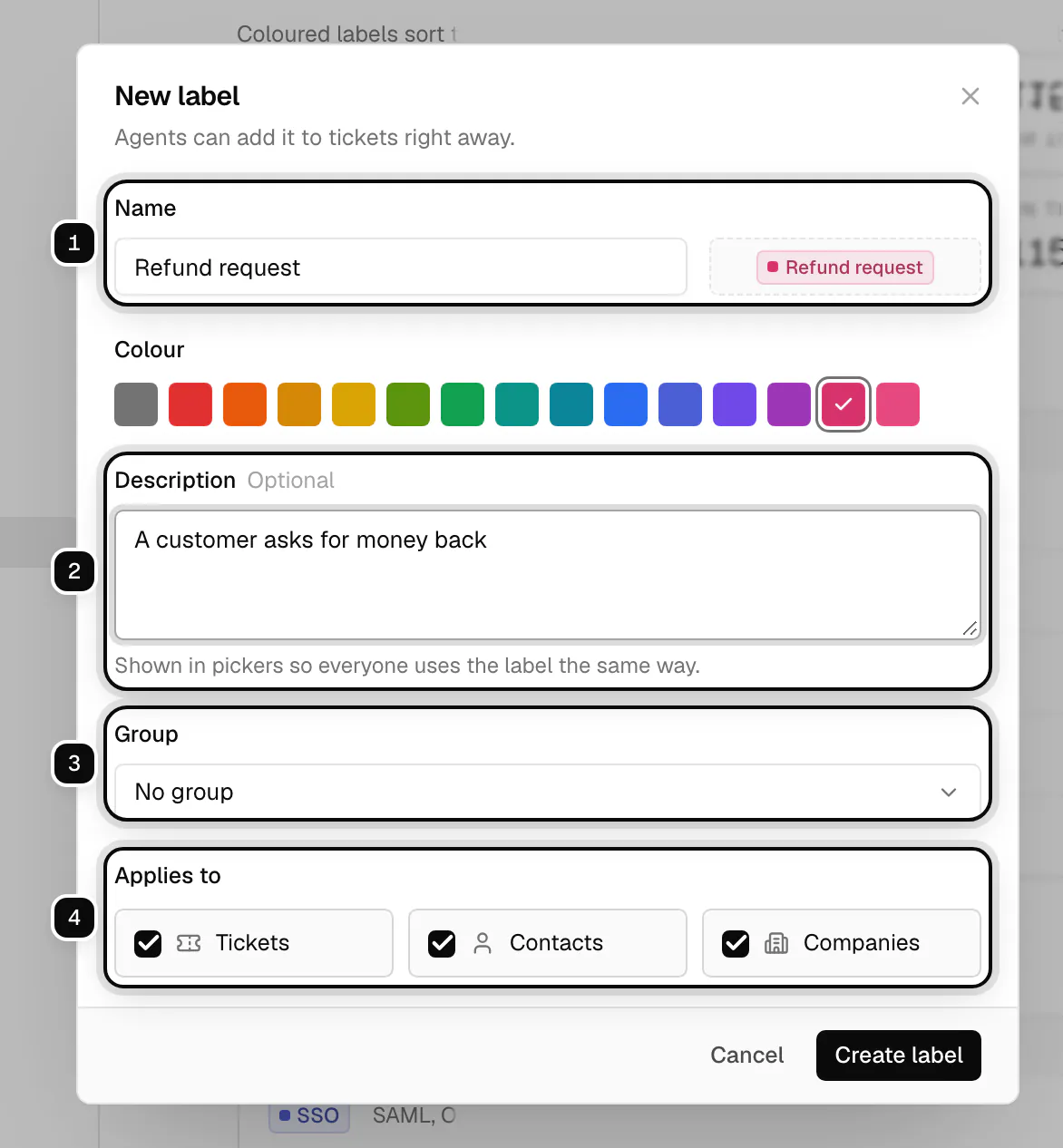 The New label dialog: Name ringed as 1, Description ringed as 2, Group ringed as 3, and Applies to with Tickets, Contacts and Companies ringed as 4