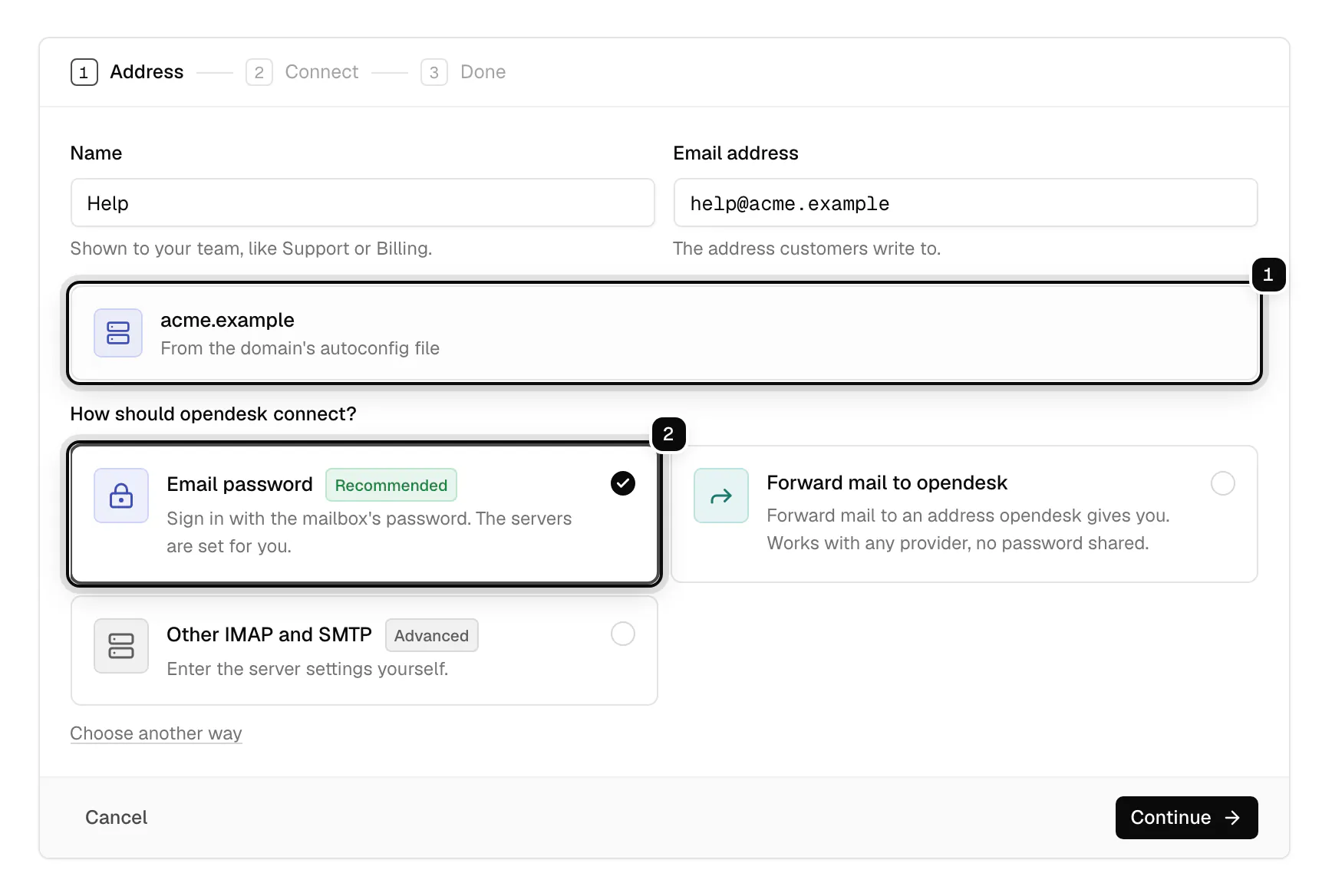 Add a mailbox for help@acme.example: the servers found from the domain's autoconfig file ringed as 1, and Email password, recommended, ringed as 2