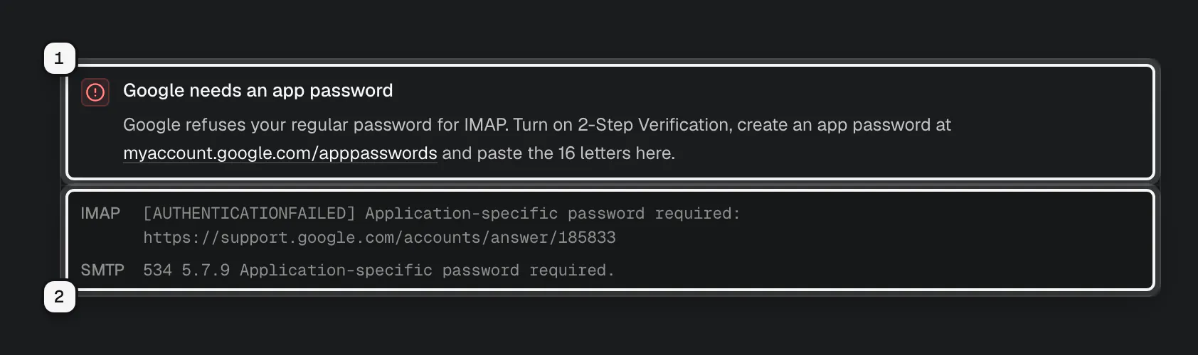 A refused connection: the cause, Google needs an app password, with its fix ringed as 1, and the IMAP and SMTP servers' replies ringed as 2