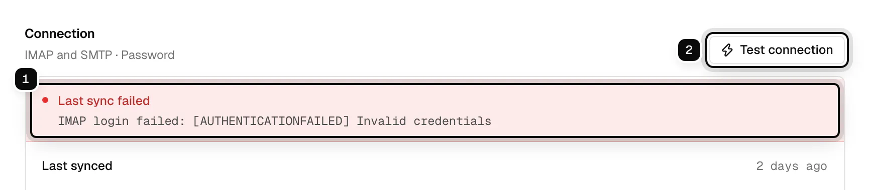 A mailbox's Connection section: the last sync error ringed as 1, and the Test connection button ringed as 2