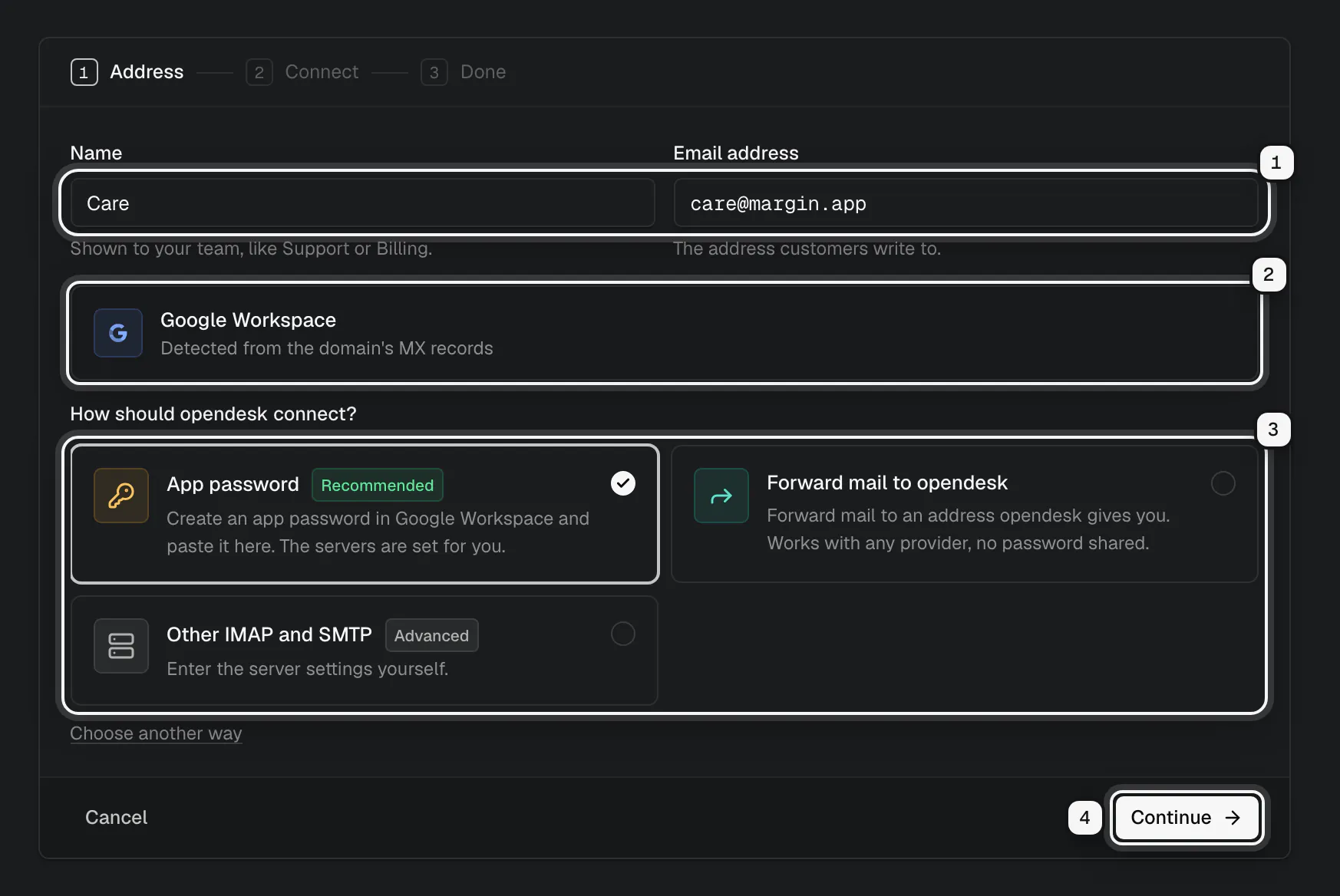 Add a mailbox, first step: the name Care and the address care@margin.app ringed as 1, Google Workspace detected from the domain's MX records ringed as 2, three ways to connect with App password recommended ringed as 3, and the Continue button ringed as 4