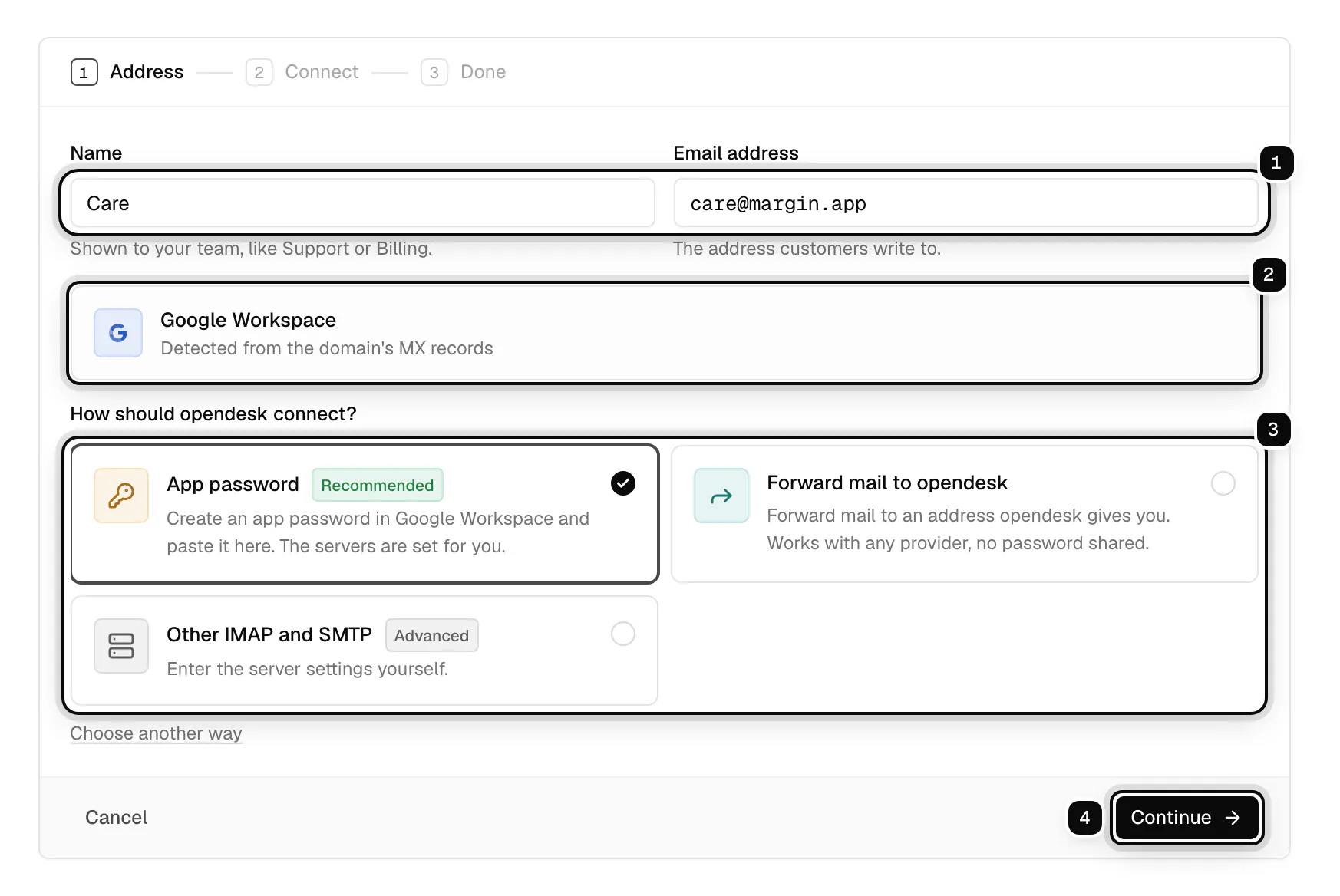 Add a mailbox, first step: the name Care and the address care@margin.app ringed as 1, Google Workspace detected from the domain's MX records ringed as 2, three ways to connect with App password recommended ringed as 3, and the Continue button ringed as 4