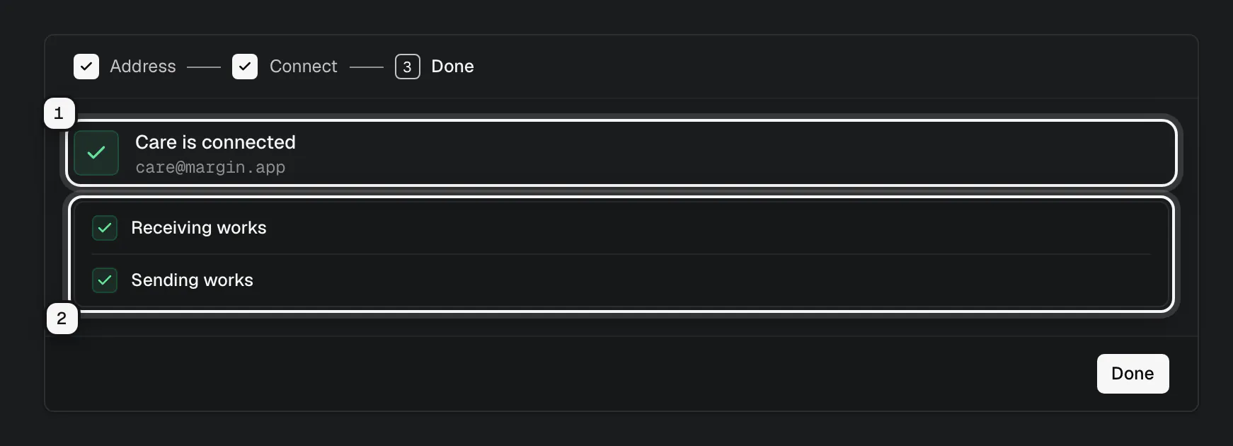 Add a mailbox, done: Care is connected ringed as 1, with Receiving works and Sending works ringed as 2
