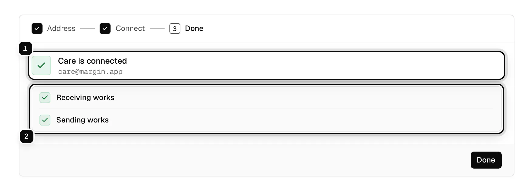 Add a mailbox, done: Care is connected ringed as 1, with Receiving works and Sending works ringed as 2