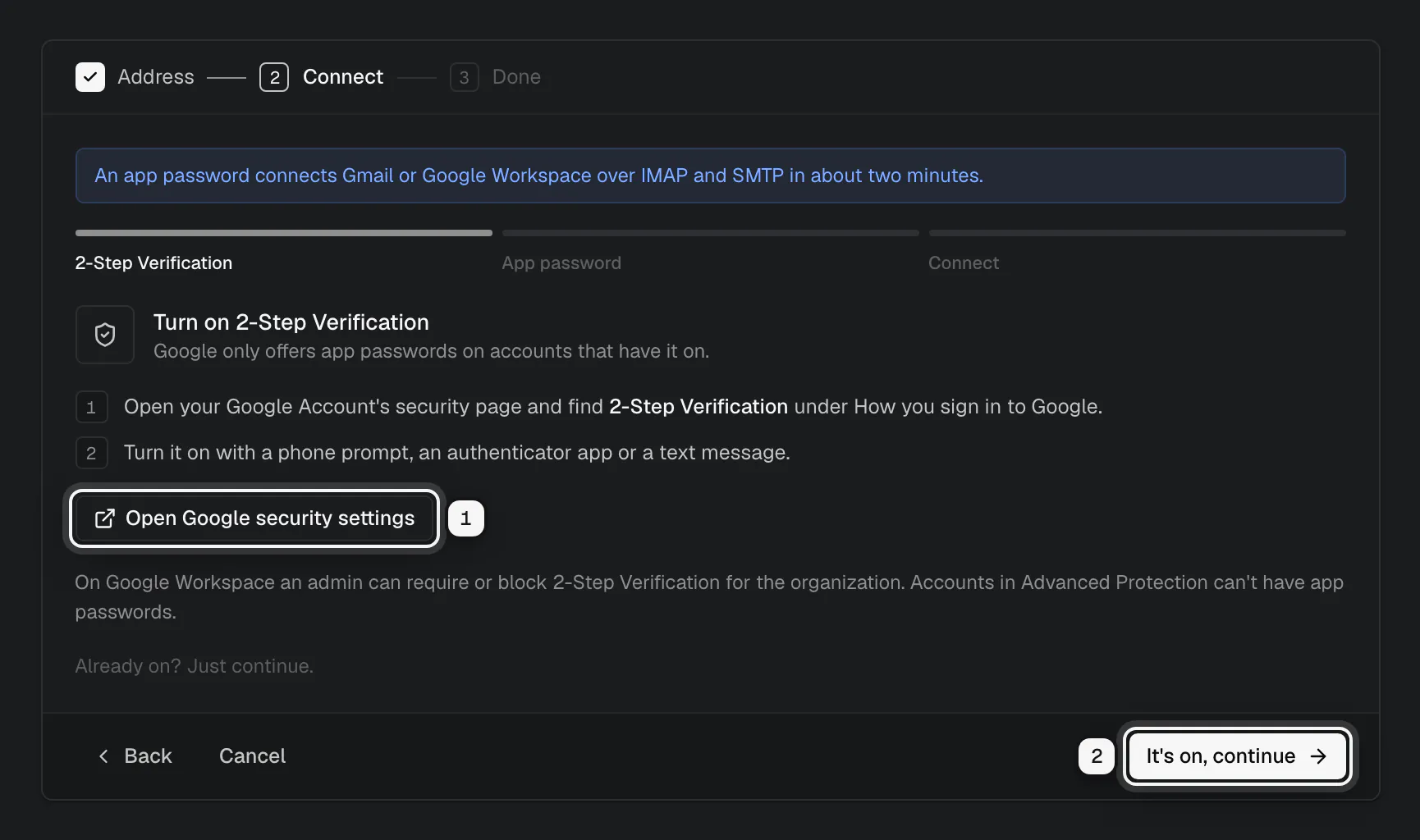 Step 1 of 3, Turn on 2-Step Verification: the Open Google security settings button ringed as 1, and It's on, continue ringed as 2