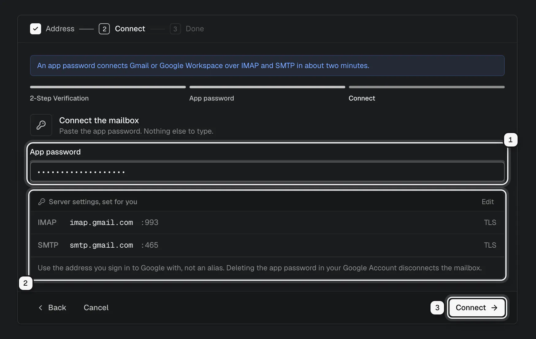The last step of the Gmail app password walkthrough: the App password field ringed as 1, the IMAP and SMTP servers set for you ringed as 2, and the Connect button ringed as 3
