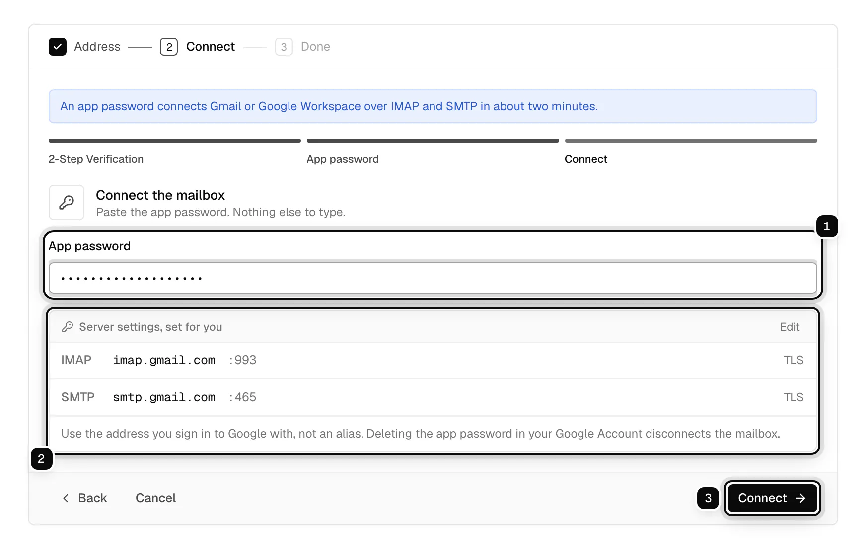 The last step of the Gmail app password walkthrough: the App password field ringed as 1, the IMAP and SMTP servers set for you ringed as 2, and the Connect button ringed as 3