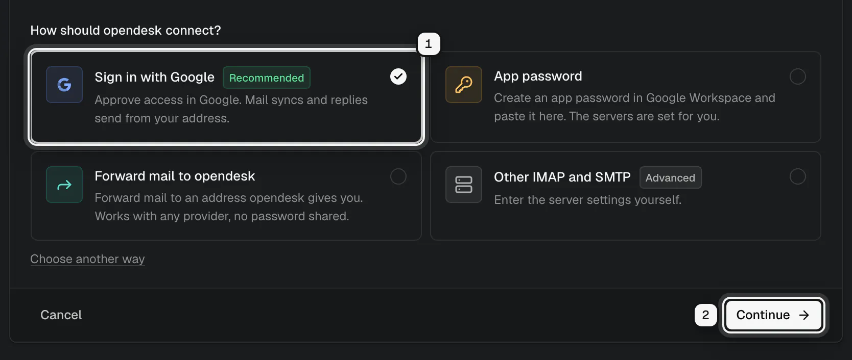 The ways to connect a Google Workspace address with Sign in with Google recommended and selected, ringed as 1, and Continue ringed as 2