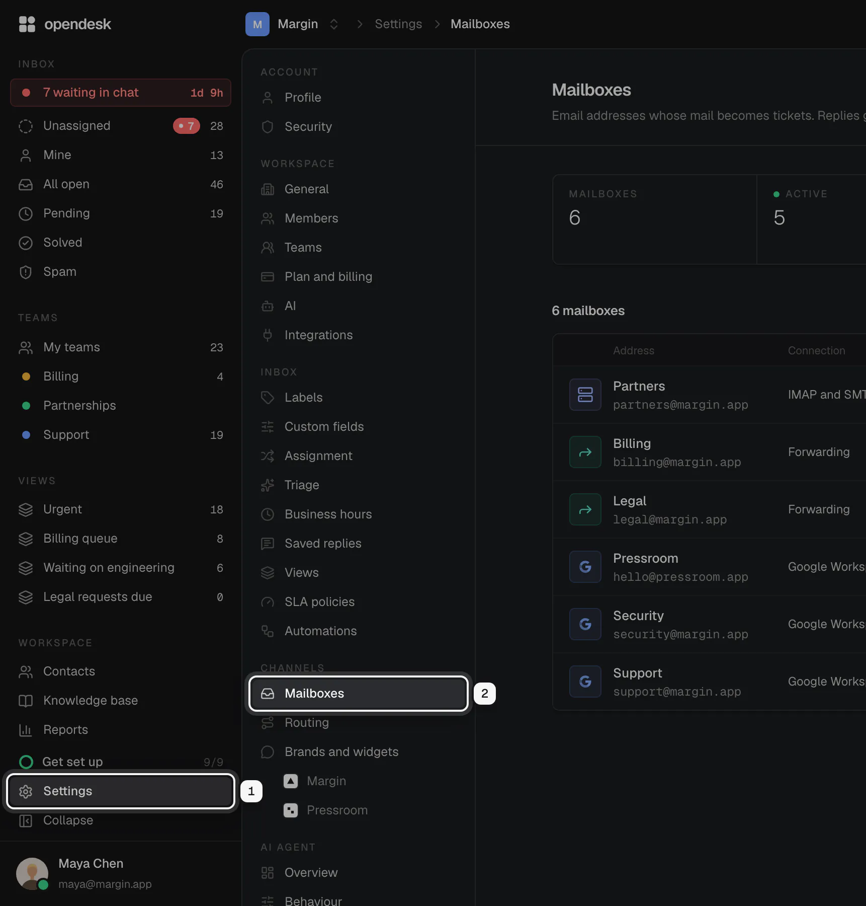 The app with Settings ringed in the main sidebar as 1 and Mailboxes ringed in the settings menu as 2