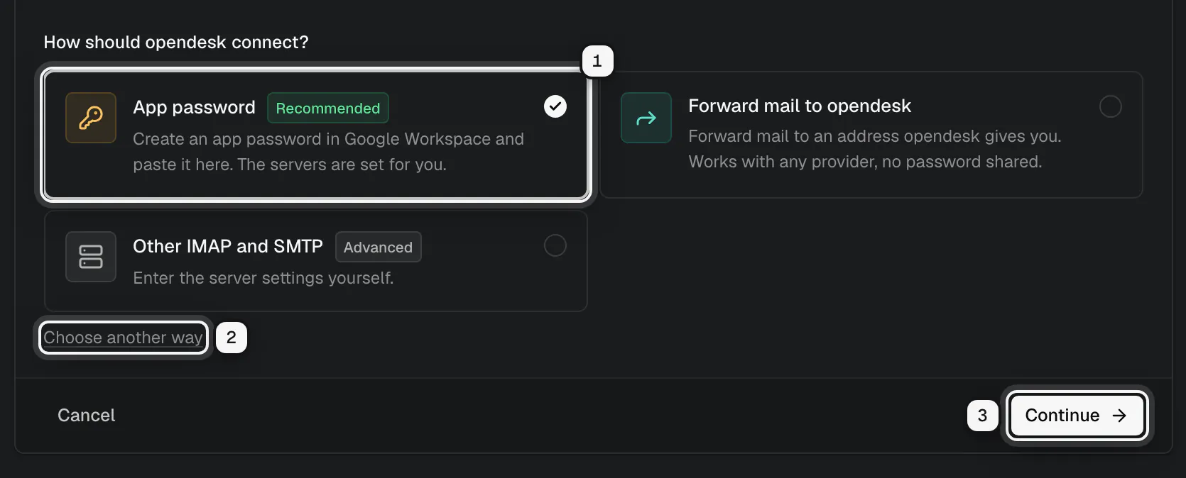 The ways to connect a Google Workspace address: App password, recommended and selected, ringed as 1, Choose another way ringed as 2, and Continue ringed as 3