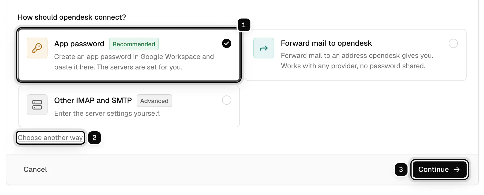 The ways to connect a Google Workspace address: App password, recommended and selected, ringed as 1, Choose another way ringed as 2, and Continue ringed as 3