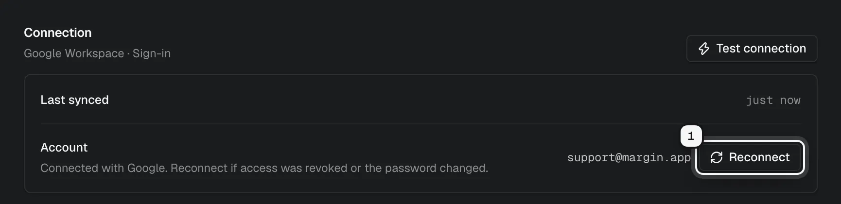 A Google Workspace mailbox's Connection section with the Reconnect button ringed