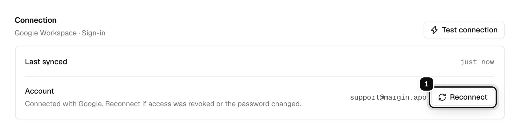 A Google Workspace mailbox's Connection section with the Reconnect button ringed
