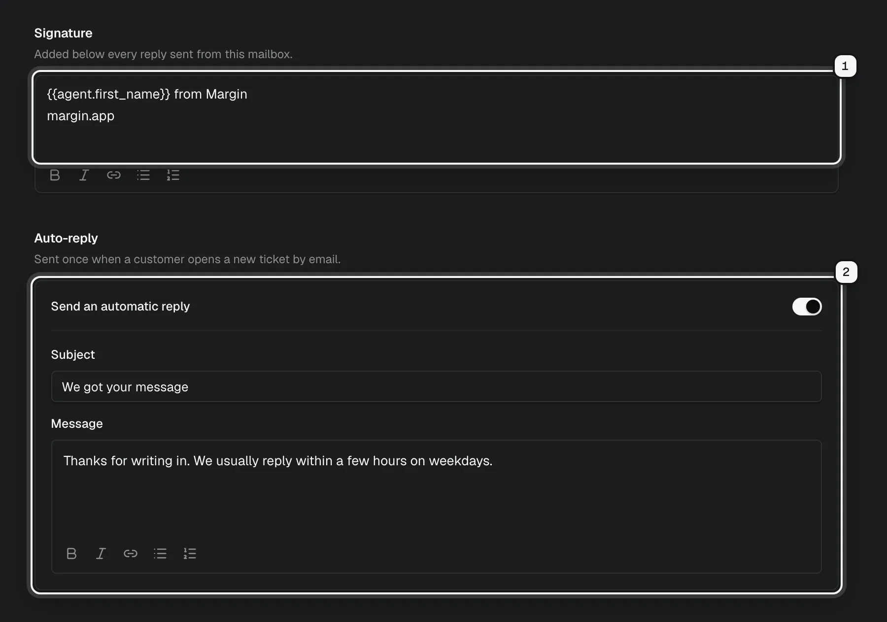 A mailbox's signature editor ringed as 1, and the auto-reply switch with its subject and message ringed as 2