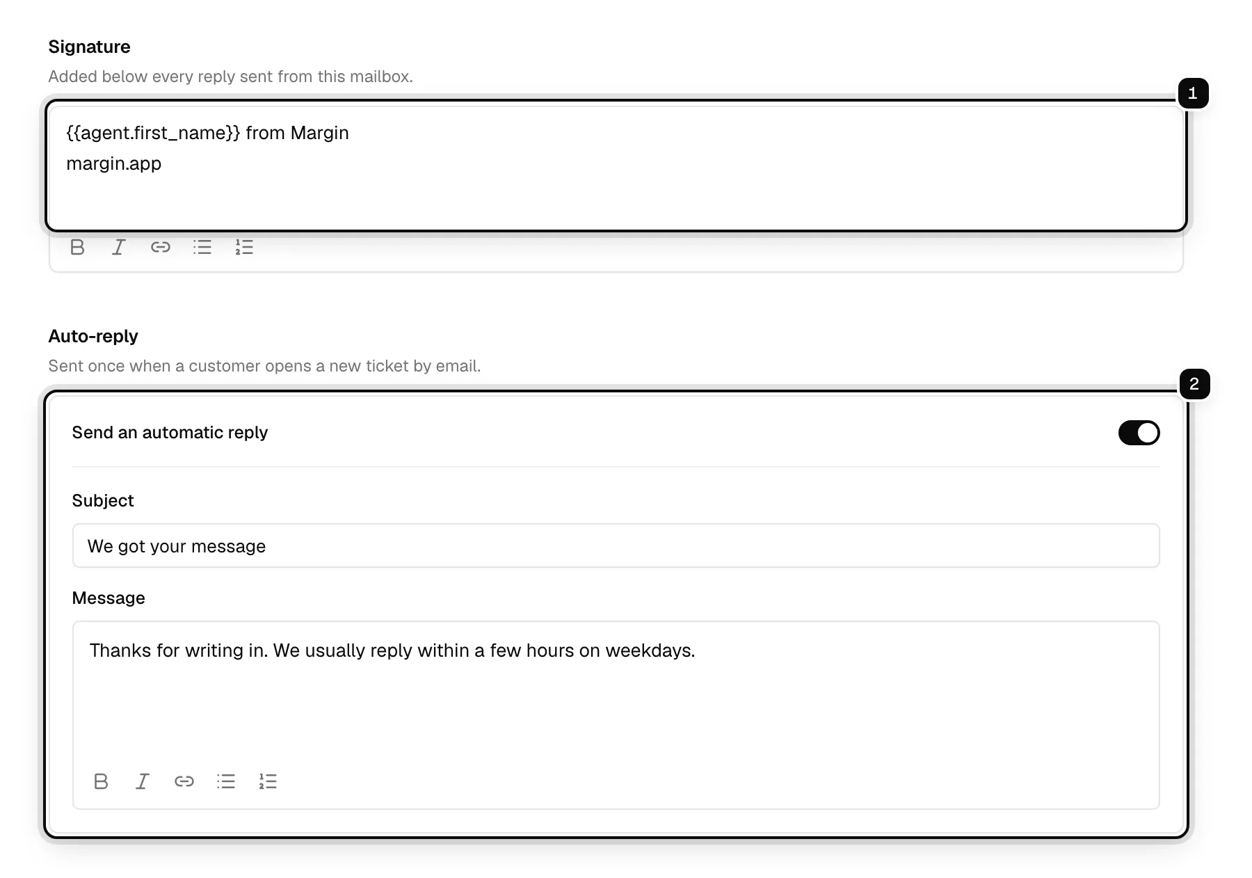 A mailbox's signature editor ringed as 1, and the auto-reply switch with its subject and message ringed as 2