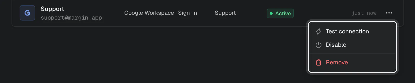 The actions menu on a mailbox row: Test connection, Disable and Remove