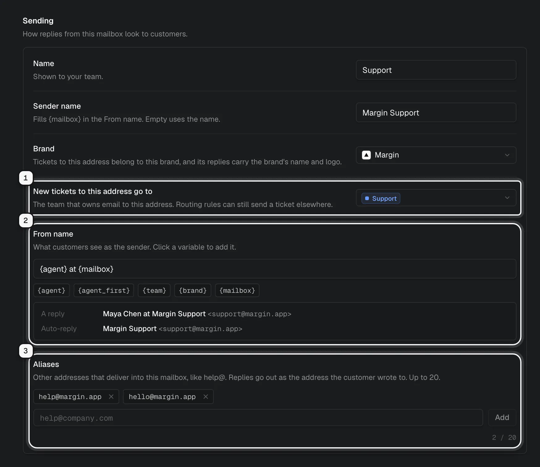 A mailbox's Sending settings: the team for new tickets ringed as 1, the From name with its preview ringed as 2, and the aliases ringed as 3